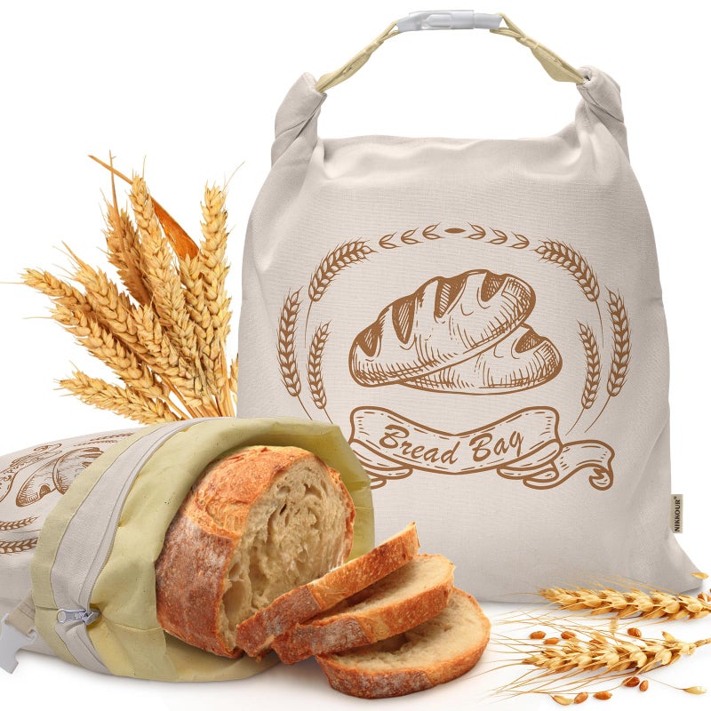 NIKKOUR Large Linen Beeswax Bread Bags(2 Pack) Sourdough Bread Bags Reusable Bread Bags Double-Lock Freezer Bread Bag Bread Container Gift Giving for Homemade Bread,Loaf,Sourdough,Food (Plain Colour Patterns) - Image 1