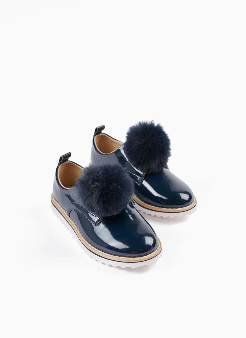 Zippy Patent Shoes with Pompom for Girls, Dark Blue