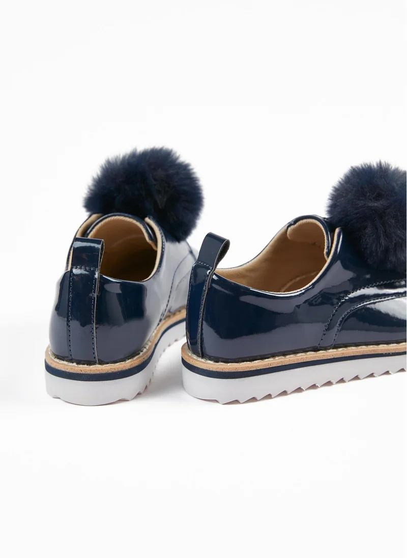 Zippy Patent Shoes with Pompom for Girls, Dark Blue