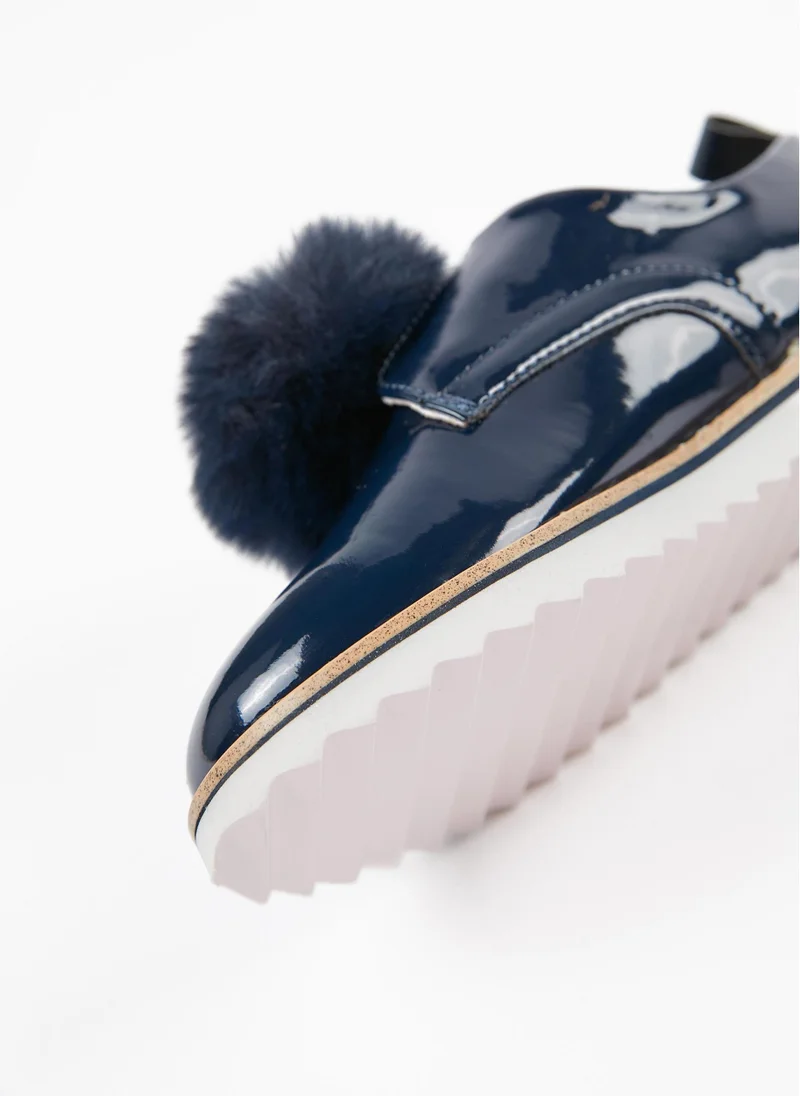 Zippy Patent Shoes with Pompom for Girls, Dark Blue