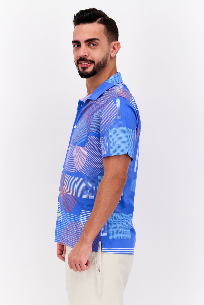 Jachs New York Men Regular Fit Allover Print Short Sleeve Casual Shirt, Blue - Image 3