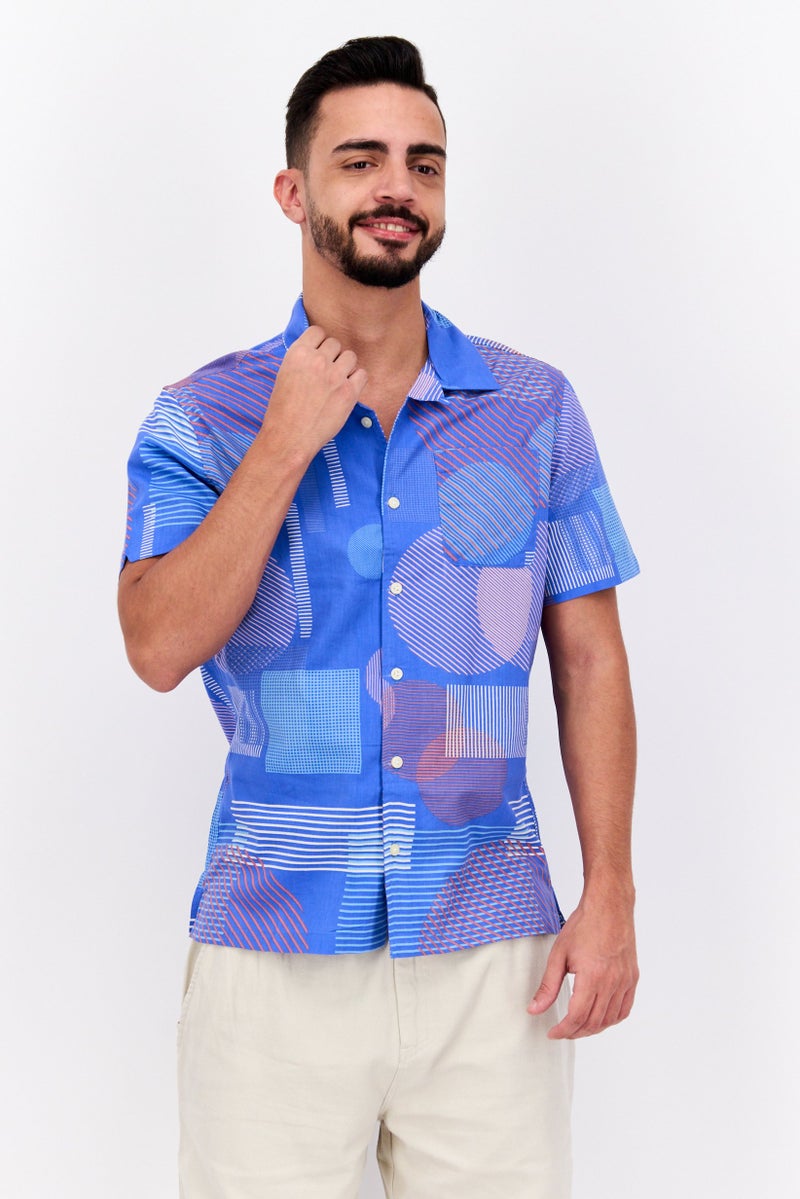 Jachs New York Men Regular Fit Allover Print Short Sleeve Casual Shirt, Blue - Image 1