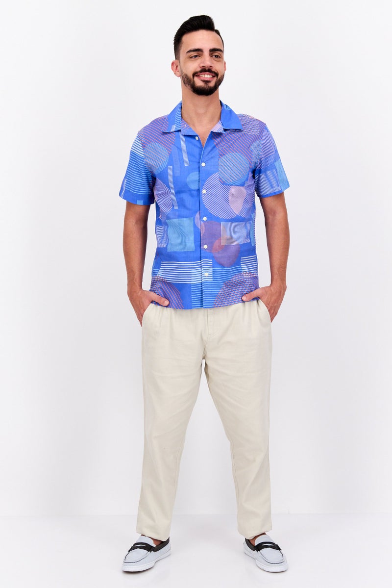 Jachs New York Men Regular Fit Allover Print Short Sleeve Casual Shirt, Blue - Image 4