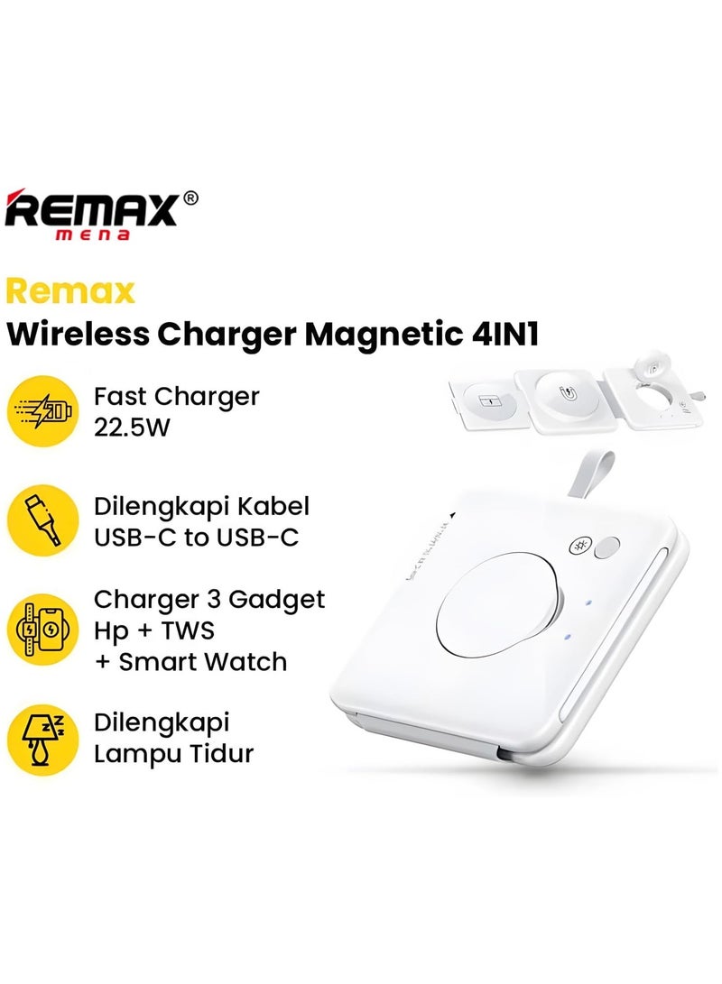 Remax Mena 22.5W Magnetic 4-in-1 Foldable Wireless Charger with Night Light, 15W for Phones, 5W for Earbuds, 2.5W for Watch, Material ABS + PC, Transmitting Distance 3-8mm,109.5g (White) - Image 2