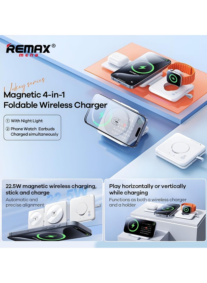 Remax Mena 22.5W Magnetic 4-in-1 Foldable Wireless Charger with Night Light, 15W for Phones, 5W for Earbuds, 2.5W for Watch, Material ABS + PC, Transmitting Distance 3-8mm,109.5g (White) - Image 3