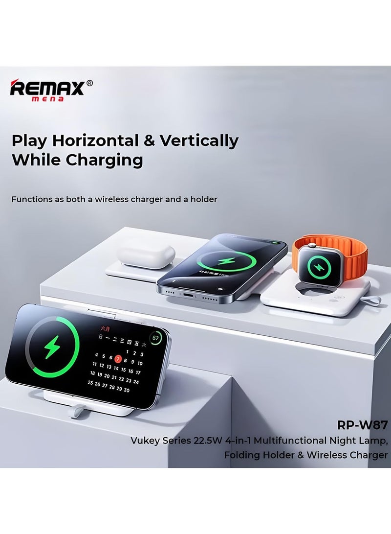 Remax Mena 22.5W Magnetic 4-in-1 Foldable Wireless Charger with Night Light, 15W for Phones, 5W for Earbuds, 2.5W for Watch, Material ABS + PC, Transmitting Distance 3-8mm,109.5g (White) - Image 5