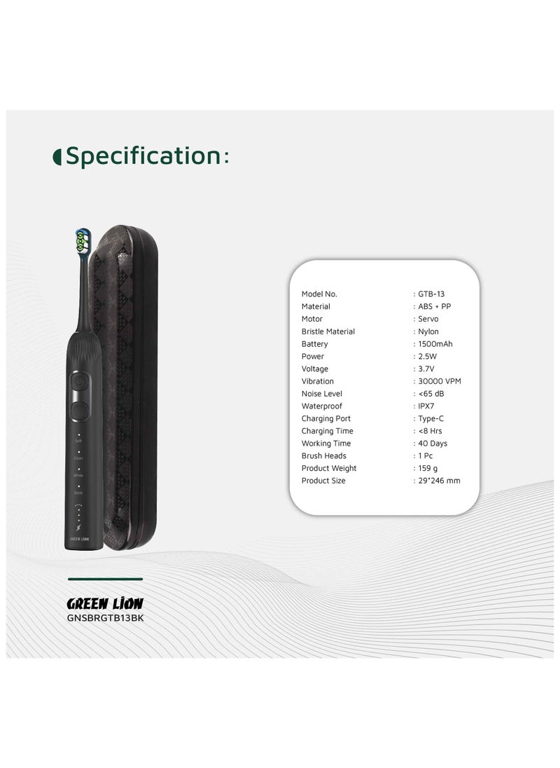 GREEN LION - 4 Mode Cleaning 3000 VPM Smart Brush 60° Ultrawide with Multifunctional Servo Motor & 80 Uses in Single Charge / Soft Mode / Sonic Mode / Clean Mode / White Mode / 30s Vibration Reminder / 2 Minutes Smart Timing - Black - Image 1
