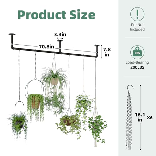 Galood Plant Hanger Indoor with 6 Hanging Chains Hanging Planters for Indoor Plants Hanging Plant Holder Window Plant Rod Black Metal Shelves(70.8 Inch Pot not Included - Image 5