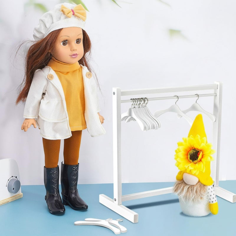 Civaner 11 Pcs Doll Garment Rack with Wooden Clothes Hanger for 18 Inch Girl Doll Clothes Mini Hangers Wardrobe Furniture Accessories for Dollhouse Baby Shower Supplies (White) - Image 5