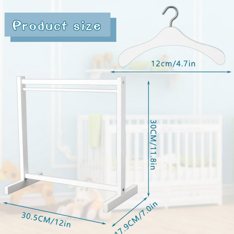 Civaner 11 Pcs Doll Garment Rack with Wooden Clothes Hanger for 18 Inch Girl Doll Clothes Mini Hangers Wardrobe Furniture Accessories for Dollhouse Baby Shower Supplies (White) - Image 2