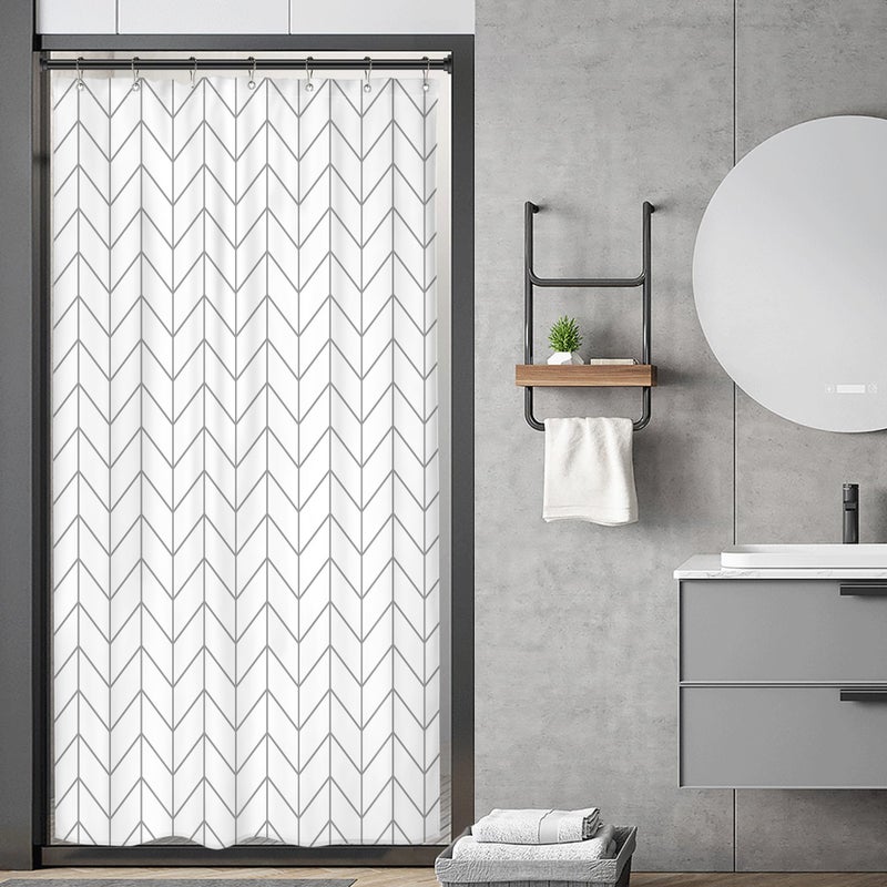 Riyidecor Stall Small RV Gray White Grey Bathroom Shower Curtain Liner 36Wx72H Inch Half Single Narrow Walkin Standing Little Size Dorm Chevron Herringbone Geometric Tiny Fabric Polyester Waterproof - Image 1