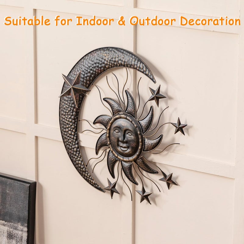TICKCACY 27â€ Metal Sun Wall Decor, Vintage Sun Moon Stars Wall Hanging Decoration, Moon and Stars Wall Art Sculpture for Indoor Outdoor Living Room Bedroom Garden Yard Patio Fence - Image 5