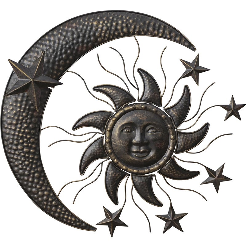 TICKCACY 27â€ Metal Sun Wall Decor, Vintage Sun Moon Stars Wall Hanging Decoration, Moon and Stars Wall Art Sculpture for Indoor Outdoor Living Room Bedroom Garden Yard Patio Fence - Image 1
