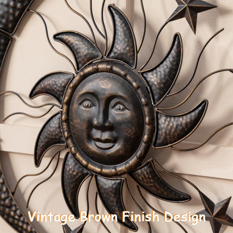 TICKCACY 27â€ Metal Sun Wall Decor, Vintage Sun Moon Stars Wall Hanging Decoration, Moon and Stars Wall Art Sculpture for Indoor Outdoor Living Room Bedroom Garden Yard Patio Fence - Image 2