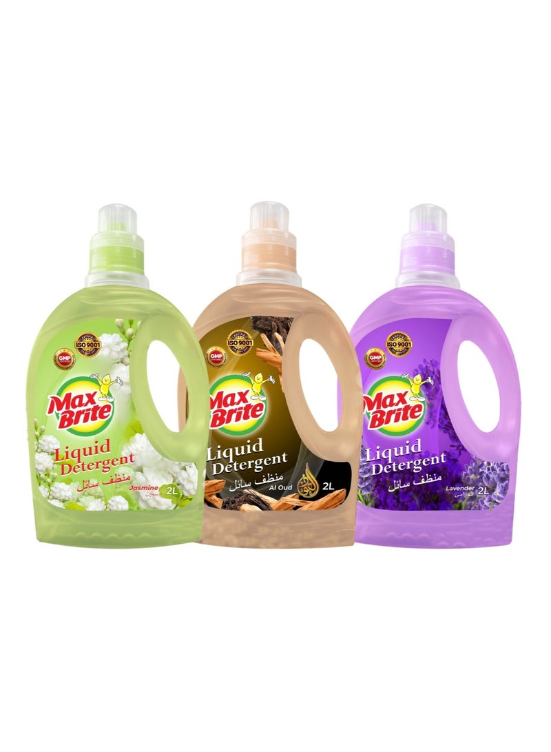 Max Brite Laundry Stain Remover Liquid Detergent Gentle on Fabrics Jasmine Al Oud Lavender Fragrance 2L Pack of 3