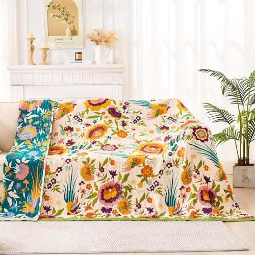 XIBLC Boho Throw Blanket for Bed 100 Cotton Soft Rustic Quilt Fall Blanket 60x80 Floral Printed Farmhouse Decor Bed Blankets All Season Rustic Reversible Bohemian Throw Quilt - Image 3
