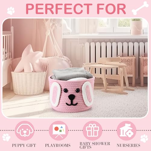 Zopeal Dog Woven Basket with Ear, Toy Storage Organizer, Cute Laundry Puppy Gift Animal Basket for Clothes, Towels, Toy, Laundry, Bathroom, Home (Pink,White,7.9" D X 6" H) - Image 3