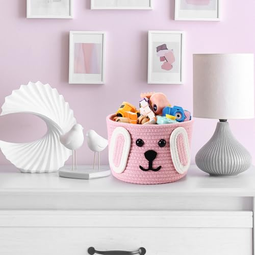 Zopeal Dog Woven Basket with Ear, Toy Storage Organizer, Cute Laundry Puppy Gift Animal Basket for Clothes, Towels, Toy, Laundry, Bathroom, Home (Pink,White,7.9" D X 6" H) - Image 5