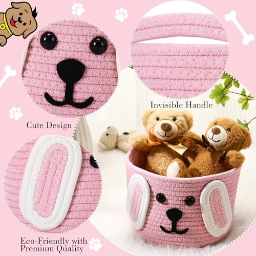 Zopeal Dog Woven Basket with Ear, Toy Storage Organizer, Cute Laundry Puppy Gift Animal Basket for Clothes, Towels, Toy, Laundry, Bathroom, Home (Pink,White,7.9" D X 6" H) - Image 4