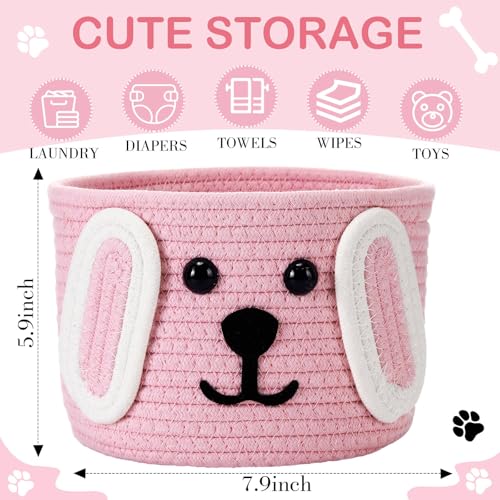 Zopeal Dog Woven Basket with Ear, Toy Storage Organizer, Cute Laundry Puppy Gift Animal Basket for Clothes, Towels, Toy, Laundry, Bathroom, Home (Pink,White,7.9" D X 6" H) - Image 2