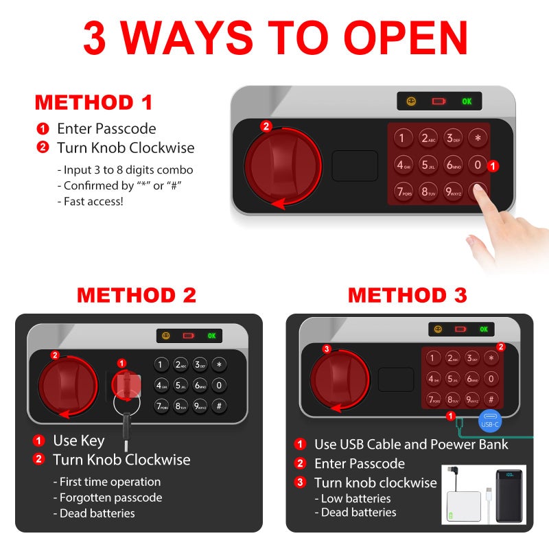 Aprxuvot 1.3 Cuft Small Safes for Home Use Fire and Water Proof, Anti-theft Fireproof Lock Box with Electronic Keypad, Alarm System and Removable Shelf, Fire Proof Safe for Home Documents, Valuables - Image 4