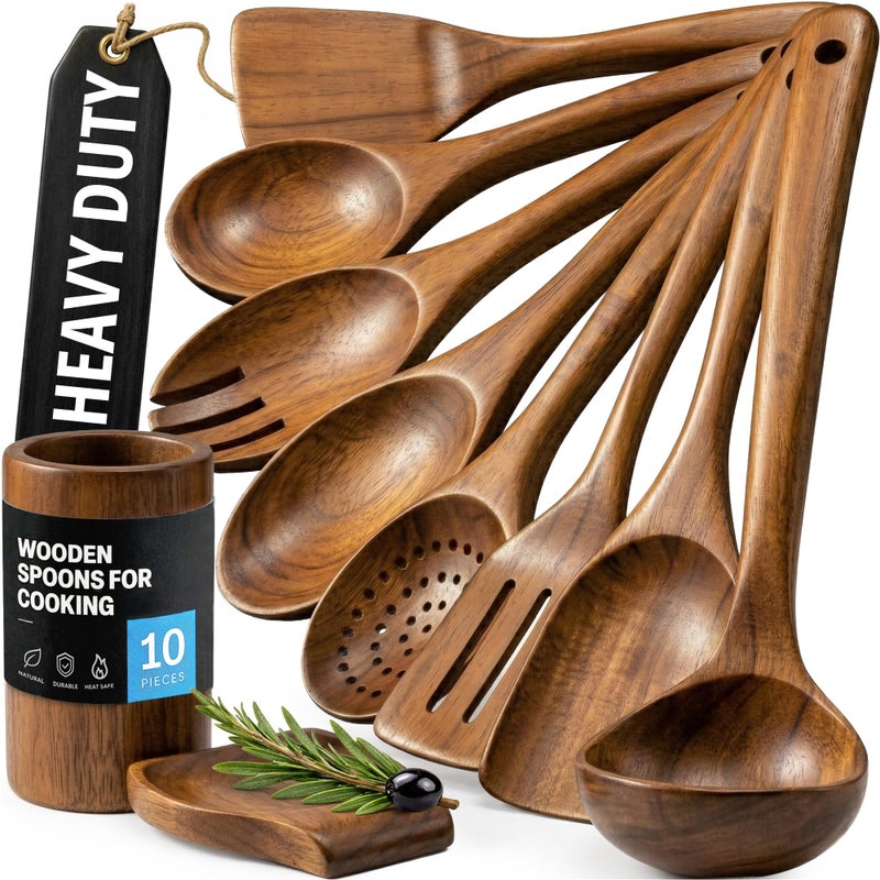 Zulay Kitchen 10-Piece Wooden Spoons for Cooking - Smooth Finish Teak Wooden Utensils for Cooking - Soft Comfort-Grip Wood Spoons for Cooking - Non-Stick Wooden Cooking Utensils - Wooden Spoon Sets - Image 1