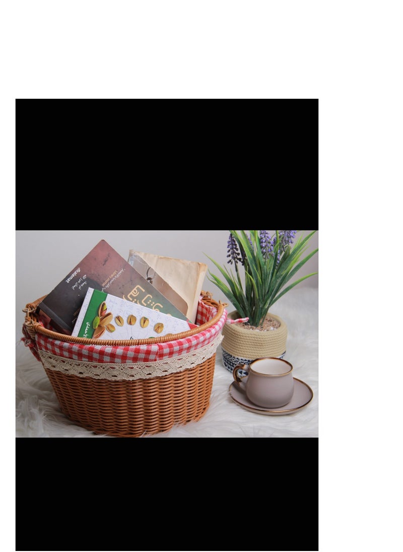Hand-woven rattan basket lined with fabric for added protection, suitable for storage, travel and decoration