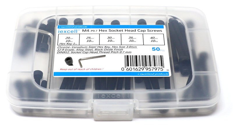 iexcell 50 Pcs M4 x 20/25/30/35/40 Alloy Steel 12.9 Grade Hex Socket Head Cap Screws Bolts Assortment Kit, Black Oxide Finish - Image 1