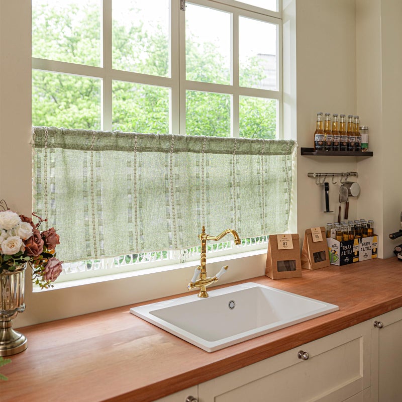 Deeprove Boho Valance Kitchen Short Curtain Tassel, Textured Striped Drape Tier Embroidered Shabby Chic Window Treatment for Cafe Dinging Room Closet, W52 x L18 inch Rod Pocket 1 Panel Sage Green - Image 1