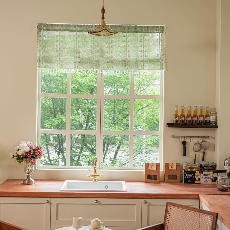 Deeprove Boho Valance Kitchen Short Curtain Tassel, Textured Striped Drape Tier Embroidered Shabby Chic Window Treatment for Cafe Dinging Room Closet, W52 x L18 inch Rod Pocket 1 Panel Sage Green - Image 2