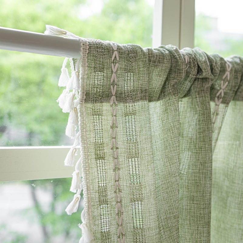 Deeprove Boho Valance Kitchen Short Curtain Tassel, Textured Striped Drape Tier Embroidered Shabby Chic Window Treatment for Cafe Dinging Room Closet, W52 x L18 inch Rod Pocket 1 Panel Sage Green - Image 3