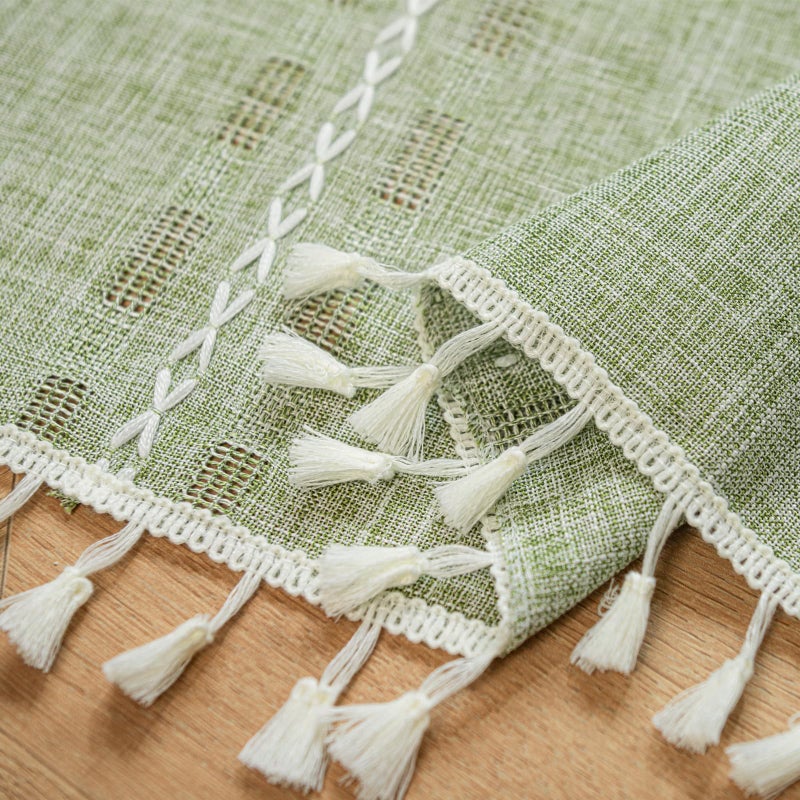 Deeprove Boho Valance Kitchen Short Curtain Tassel, Textured Striped Drape Tier Embroidered Shabby Chic Window Treatment for Cafe Dinging Room Closet, W52 x L18 inch Rod Pocket 1 Panel Sage Green - Image 4