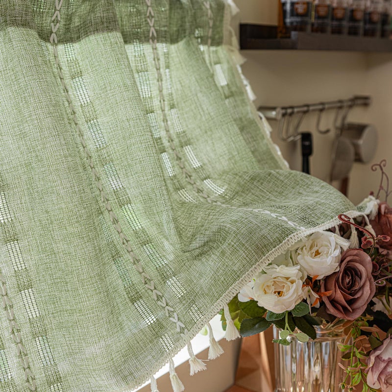 Deeprove Boho Valance Kitchen Short Curtain Tassel, Textured Striped Drape Tier Embroidered Shabby Chic Window Treatment for Cafe Dinging Room Closet, W52 x L18 inch Rod Pocket 1 Panel Sage Green - Image 5