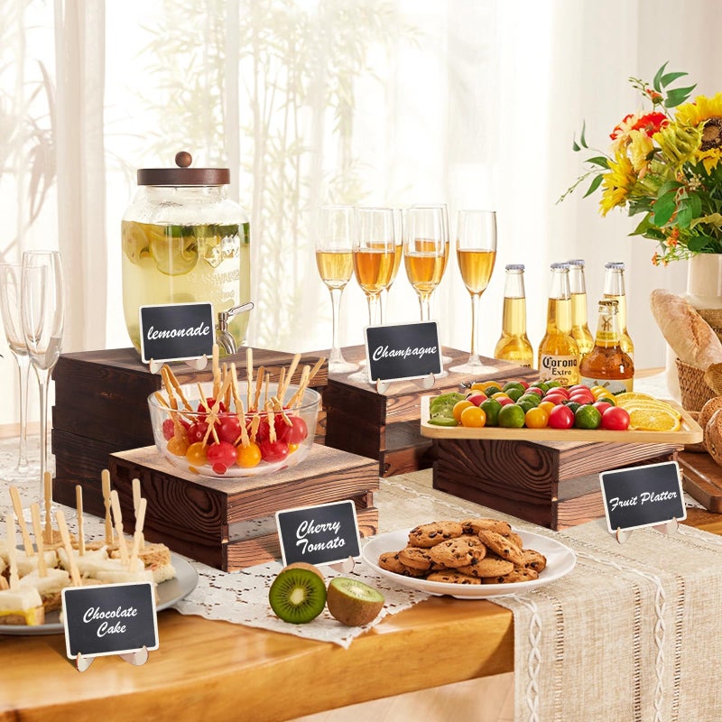 Cecnamt 6 Pcs Buffet Risers with Mini Signs, Rustic Wood Cake Stands, Food Risers for Buffet Table, Dessert Display Stand, Wood Crates, Rustic Cake Stand for Party, Wedding, Birthday, Baby Shower, 3 Sizes - Image 2