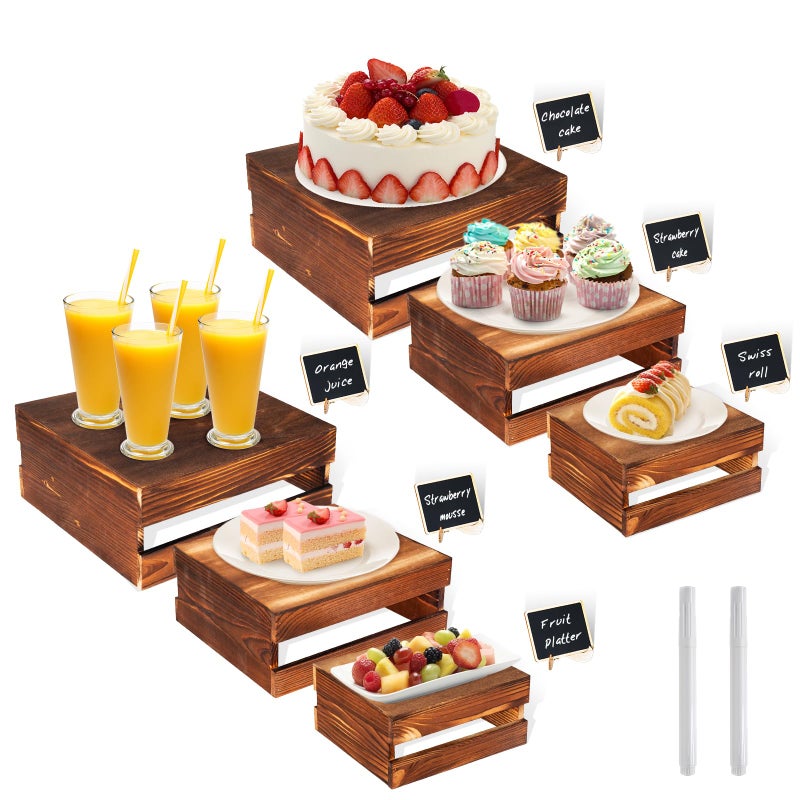 Cecnamt 6 Pcs Buffet Risers with Mini Signs, Rustic Wood Cake Stands, Food Risers for Buffet Table, Dessert Display Stand, Wood Crates, Rustic Cake Stand for Party, Wedding, Birthday, Baby Shower, 3 Sizes - Image 1