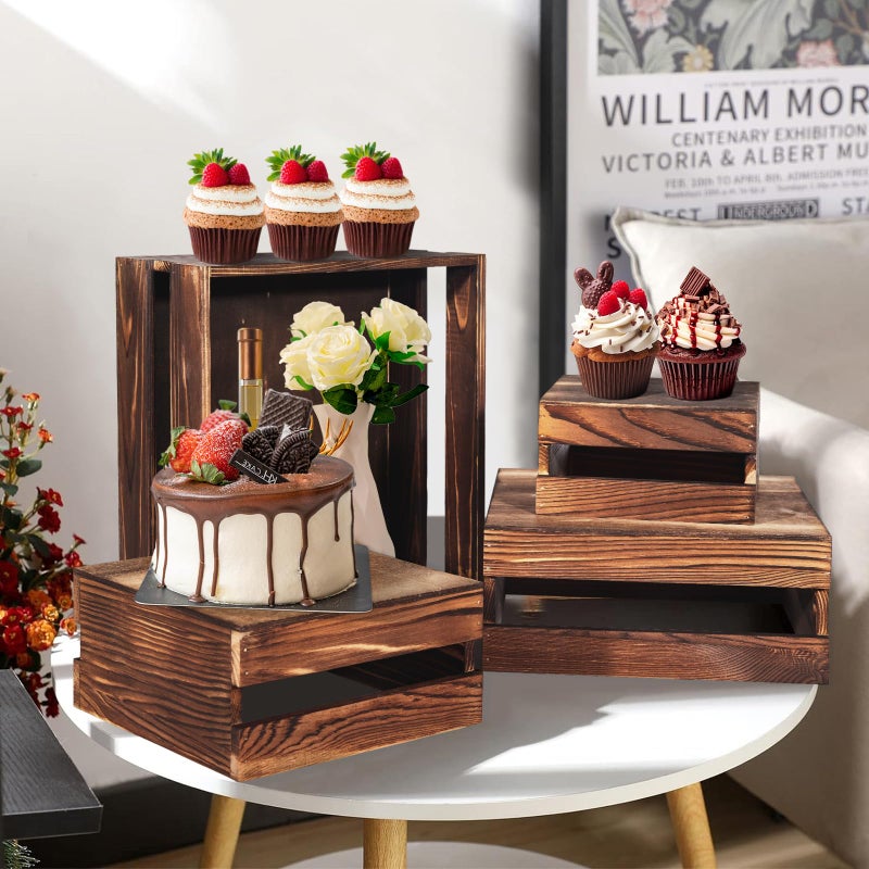 Cecnamt 6 Pcs Buffet Risers with Mini Signs, Rustic Wood Cake Stands, Food Risers for Buffet Table, Dessert Display Stand, Wood Crates, Rustic Cake Stand for Party, Wedding, Birthday, Baby Shower, 3 Sizes - Image 3