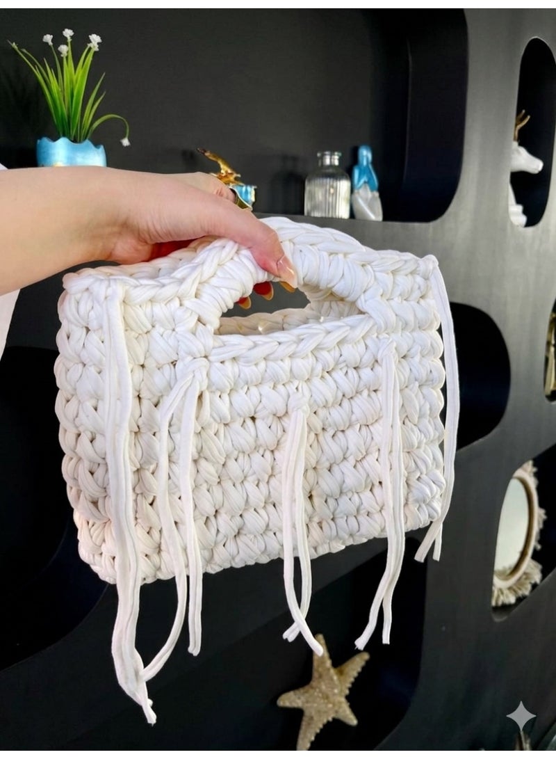 Women's Crochet T-Shirt Yarn Handbag with Fringes - White - Image 3
