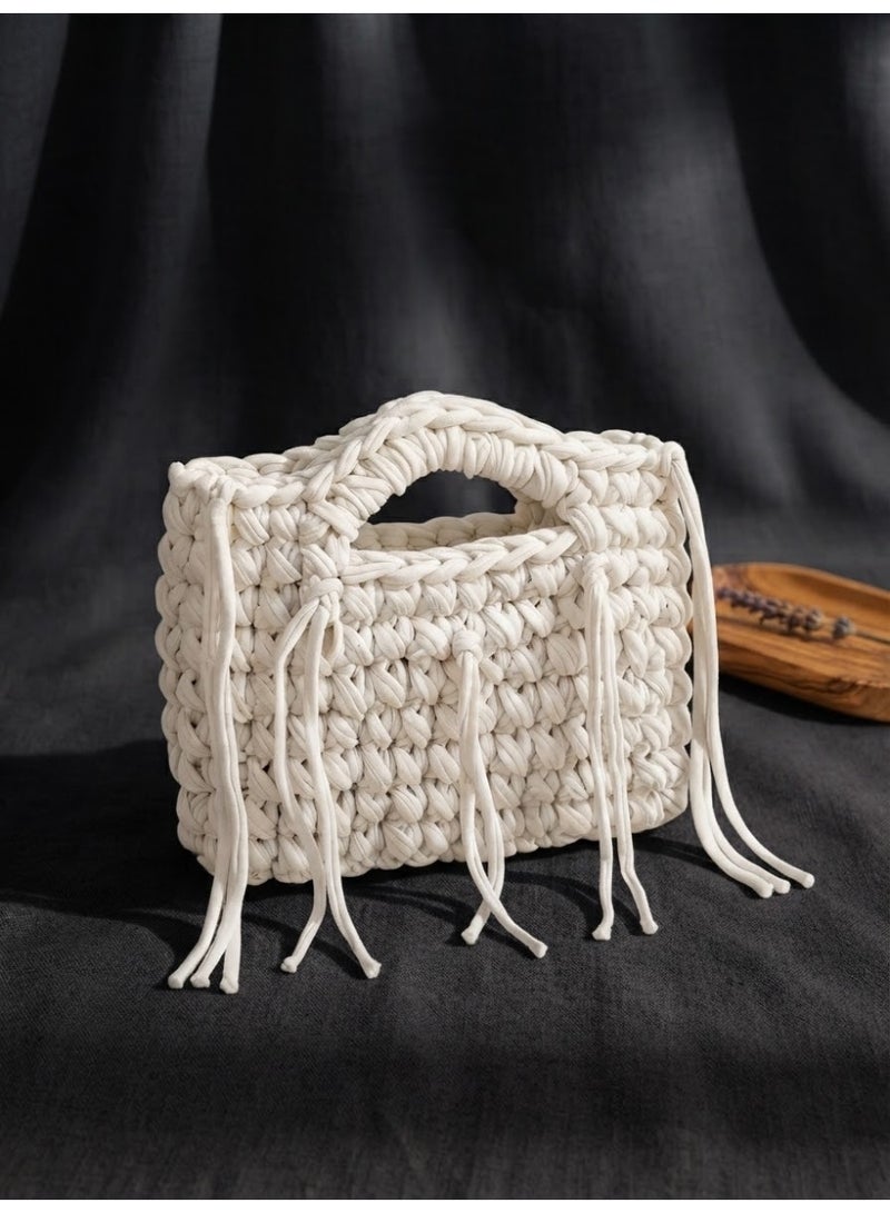 Women's Crochet T-Shirt Yarn Handbag with Fringes - White - Image 1