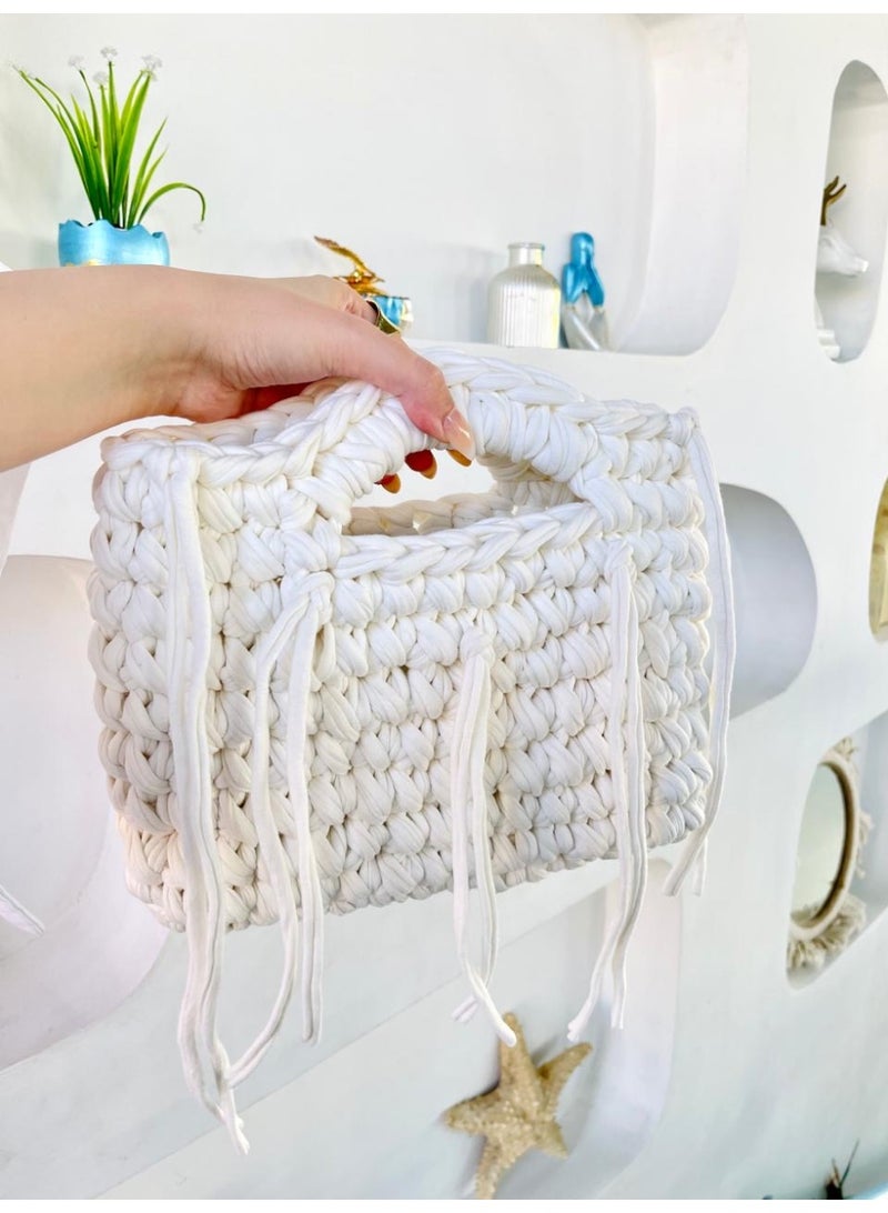 Women's Crochet T-Shirt Yarn Handbag with Fringes - White - Image 2