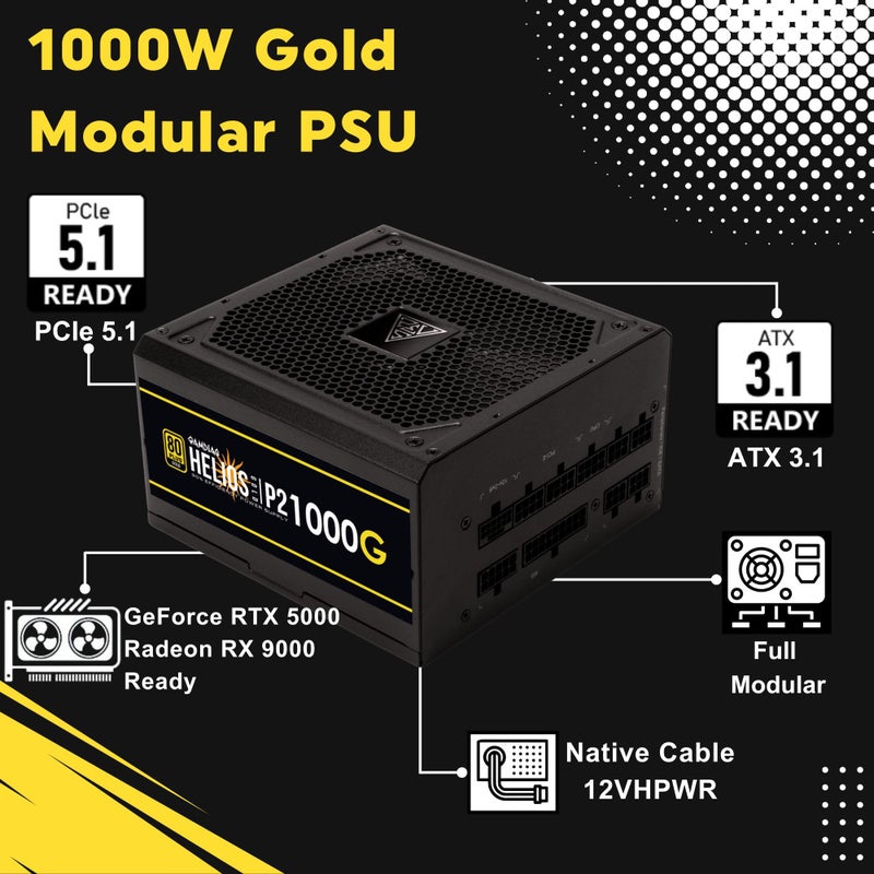 GAMDIAS مزود طاقة GAMDIAS PCIe 5.1 و ATX3.1 بقدرة 1000 واط لسلسلة GeForce RTX 5000، مزود طاقة ATX 80 Plus Gold بقدرة 1000 واط بالكامل، لأجهزة الكمبيوتر المكتبية للألعاب، مروحة منخفضة الضوضاء، HELIOS P2-1000G - Image 2