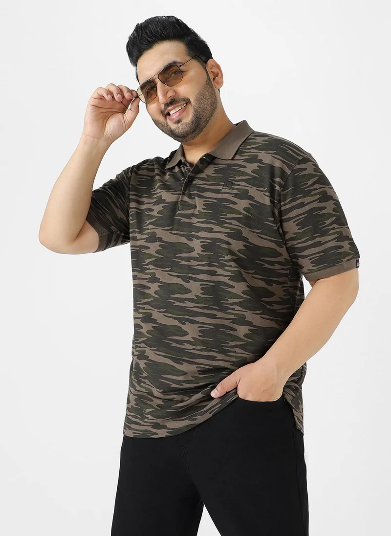 Urbano Plus Men's Green Military Camouflage Printed Regular Fit Cotton Polo T-Shirt