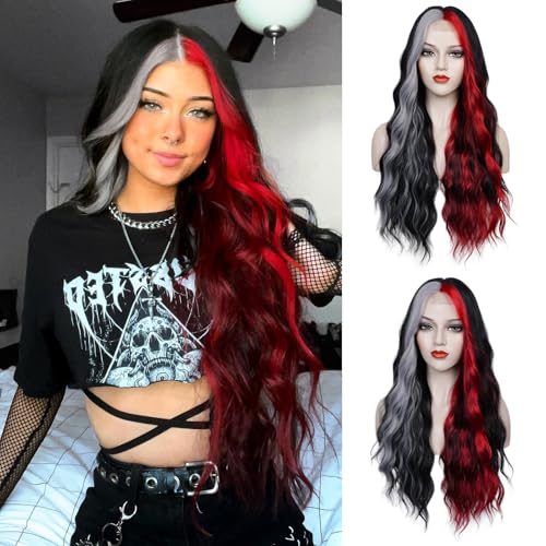WECAN Black Red Gray Wig 28 Inches Long Black Red Wavy Wigs For Women Synthetic Hair Replacement Wigs Halloween Cosplay Daily Party Heat-Resistant Fiber Wig （black/red/gray） - Image 1