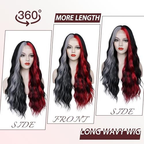 WECAN Black Red Gray Wig 28 Inches Long Black Red Wavy Wigs For Women Synthetic Hair Replacement Wigs Halloween Cosplay Daily Party Heat-Resistant Fiber Wig （black/red/gray） - Image 2