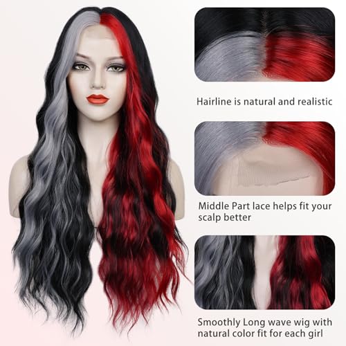 WECAN Black Red Gray Wig 28 Inches Long Black Red Wavy Wigs For Women Synthetic Hair Replacement Wigs Halloween Cosplay Daily Party Heat-Resistant Fiber Wig （black/red/gray） - Image 4