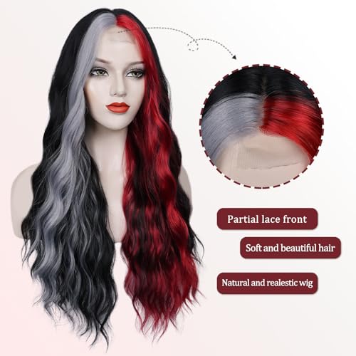 WECAN Black Red Gray Wig 28 Inches Long Black Red Wavy Wigs For Women Synthetic Hair Replacement Wigs Halloween Cosplay Daily Party Heat-Resistant Fiber Wig （black/red/gray） - Image 3