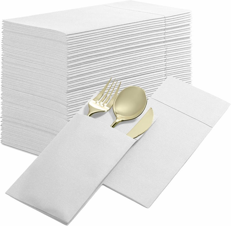 BloominGoods 50-Pack Disposable Linen-Feel Dinner Napkins with Built-in Flatware Pocket, WHITE Prefolded Cloth Like Paper Napkins For Dinner, Wedding Or Party [Silverware NOT Included] - Image 1