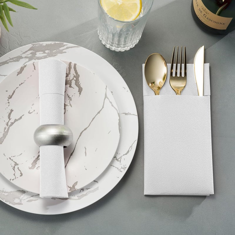 BloominGoods 50-Pack Disposable Linen-Feel Dinner Napkins with Built-in Flatware Pocket, WHITE Prefolded Cloth Like Paper Napkins For Dinner, Wedding Or Party [Silverware NOT Included] - Image 4