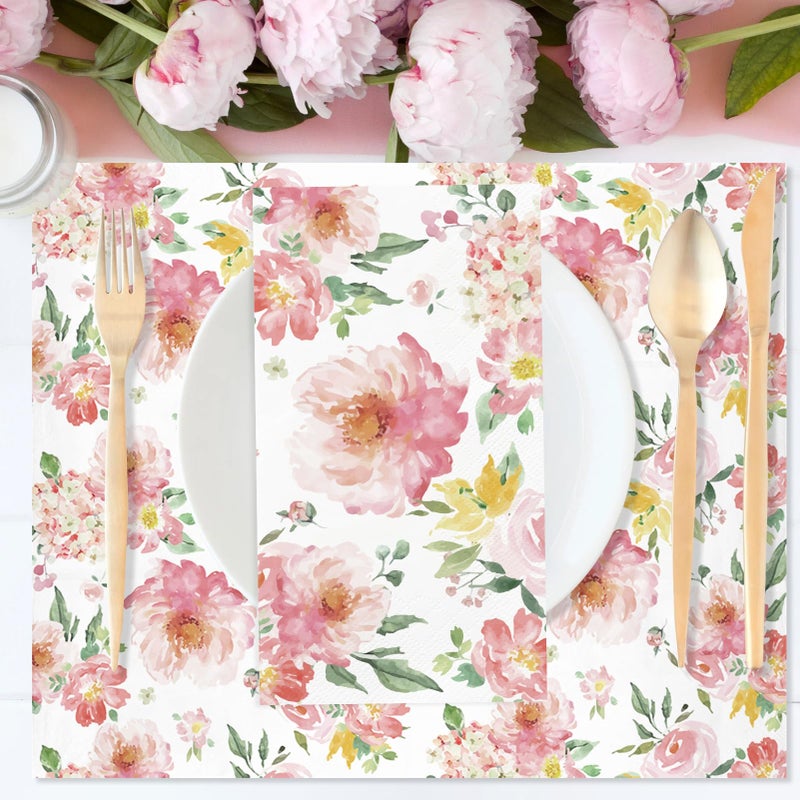 IANFEPH IANFEPH 100PCS Floral Napkins Watercolor Flower Napkins Disposable 3 Ply Decorative Paper Hand Towels for Bathroom Pink Floral Guest Napkins for Wedding Bridal Baby Shower Tea Party Birthday  - Image 3