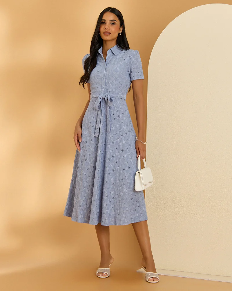 REDTAG Women Blue Schiffly Belted Dress