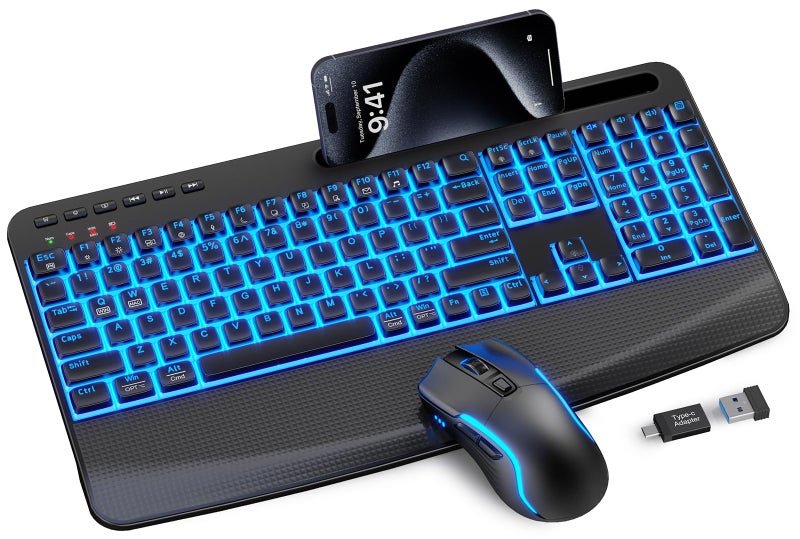 SABLUTE Wireless Keyboard and Mouse Combo, Rechargeable 4000mAh Light up Quiet Keyboard with Wrist Rest & Phone Holder, Ergonomic Silent Typing for PC/Mac/Laptop/Windows/Chrome OS - Image 1